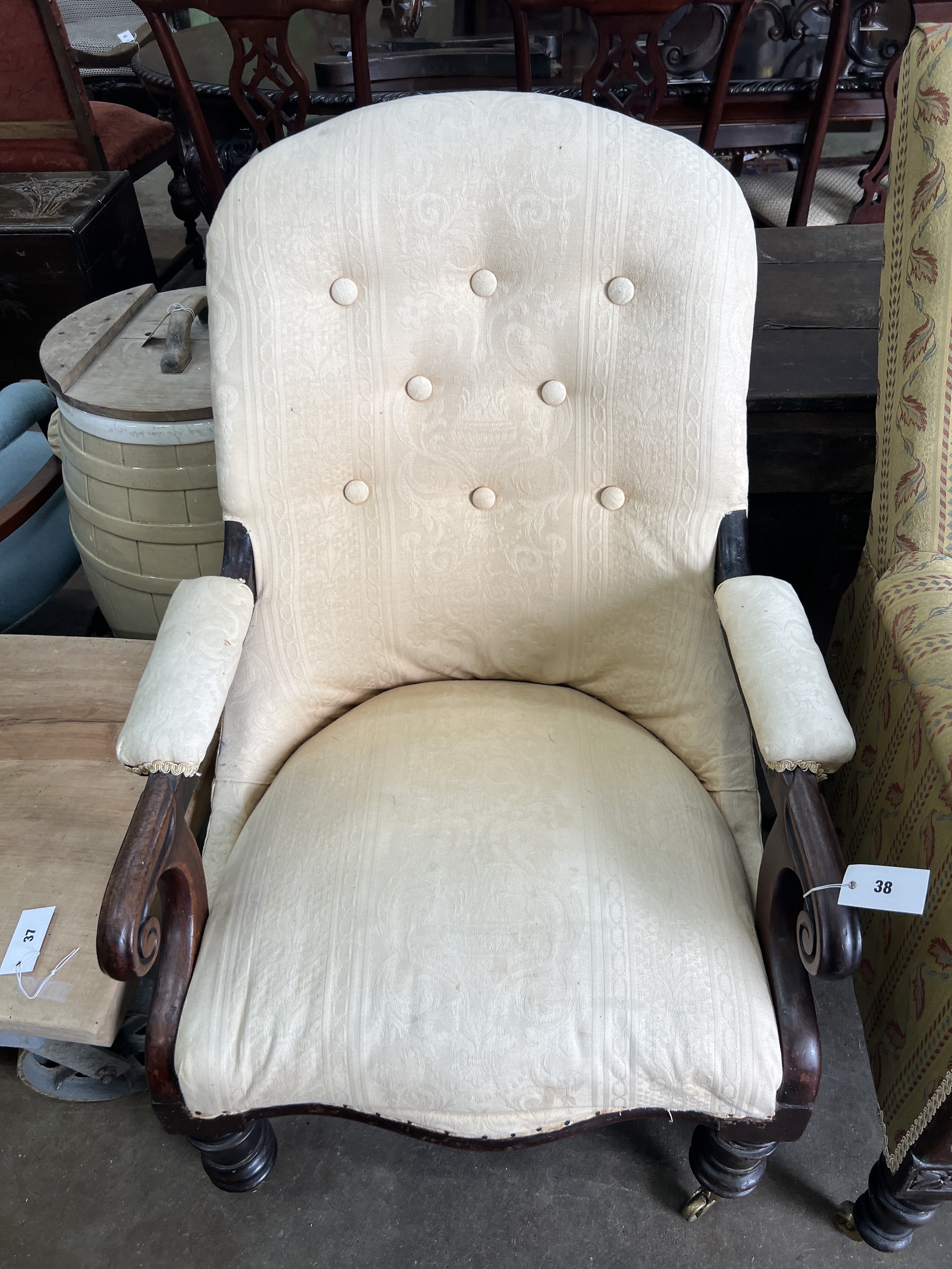 An early Victorian mahogany armchair and a later spoonback open armchair, larger width 66cm, depth 56cm, height 105cm